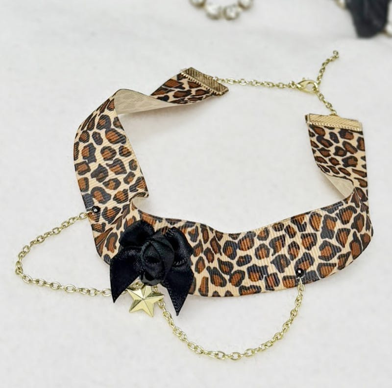 Wide Leopard Choker: gothic rose with gold tone star and chains - alternate view