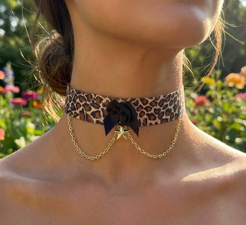 Wide Leopard Choker: gothic rose with gold tone star and chains