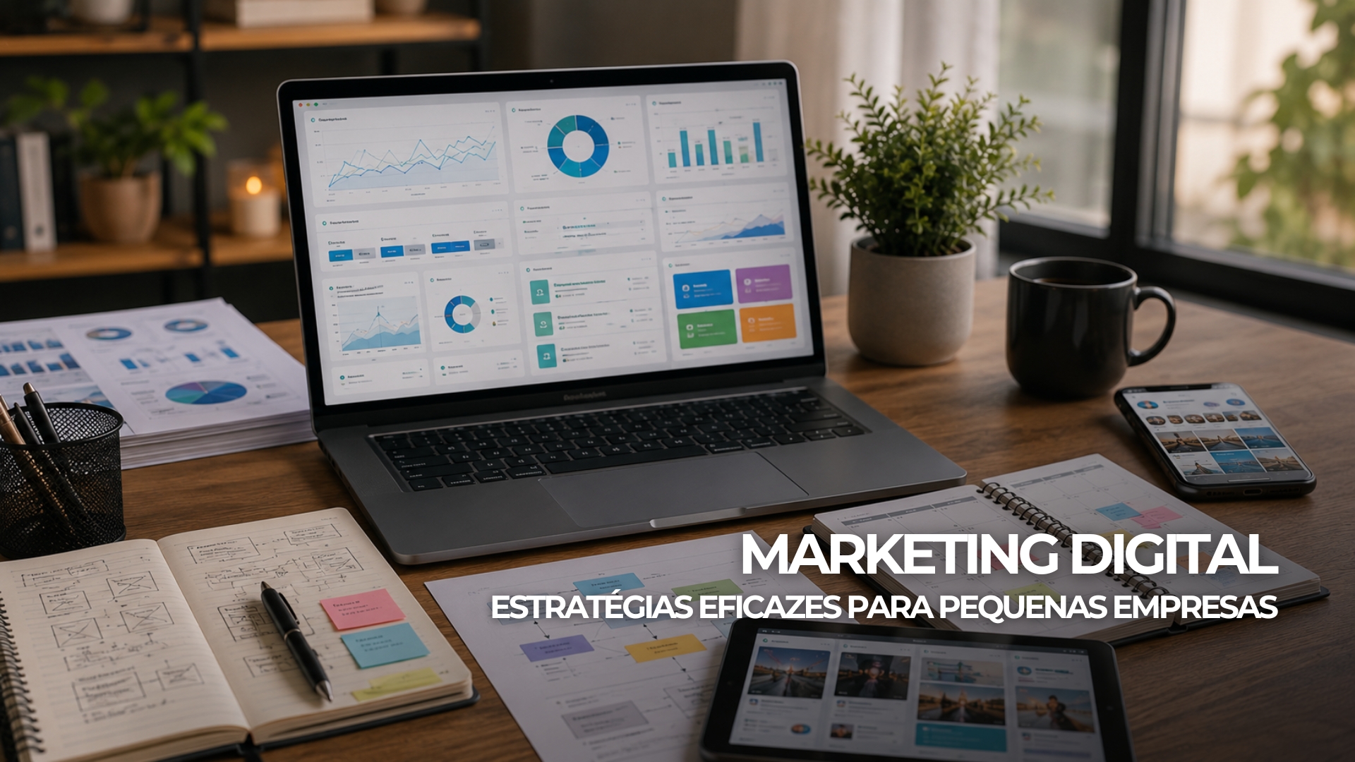 Banner sobre marketing digital para pequenas empresas com site, redes sociais, SEO, campanhas pagas e análise de resultados