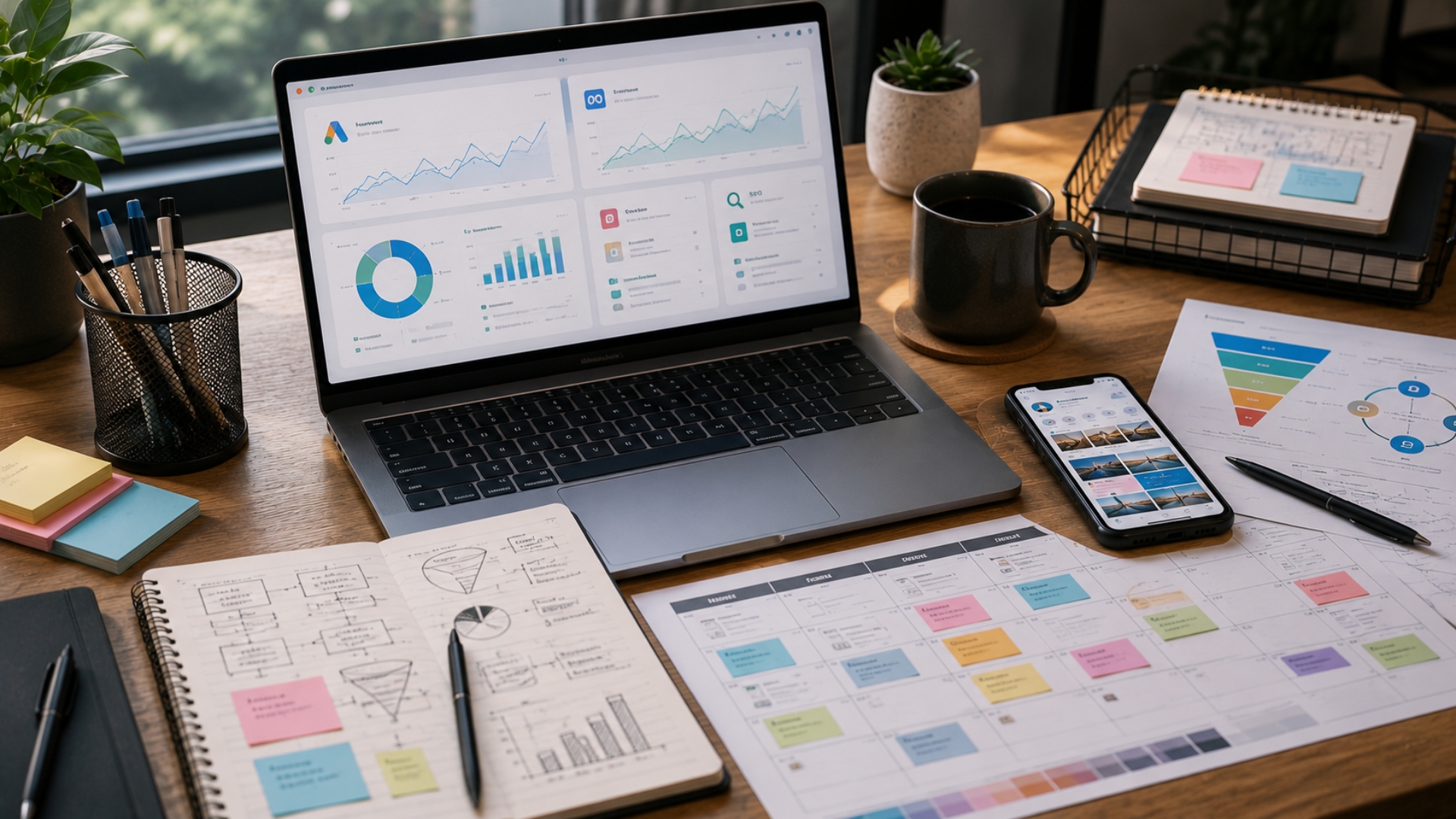Painel de marketing digital para pequenas empresas com campanhas, métricas, SEO, redes sociais e tráfego pago