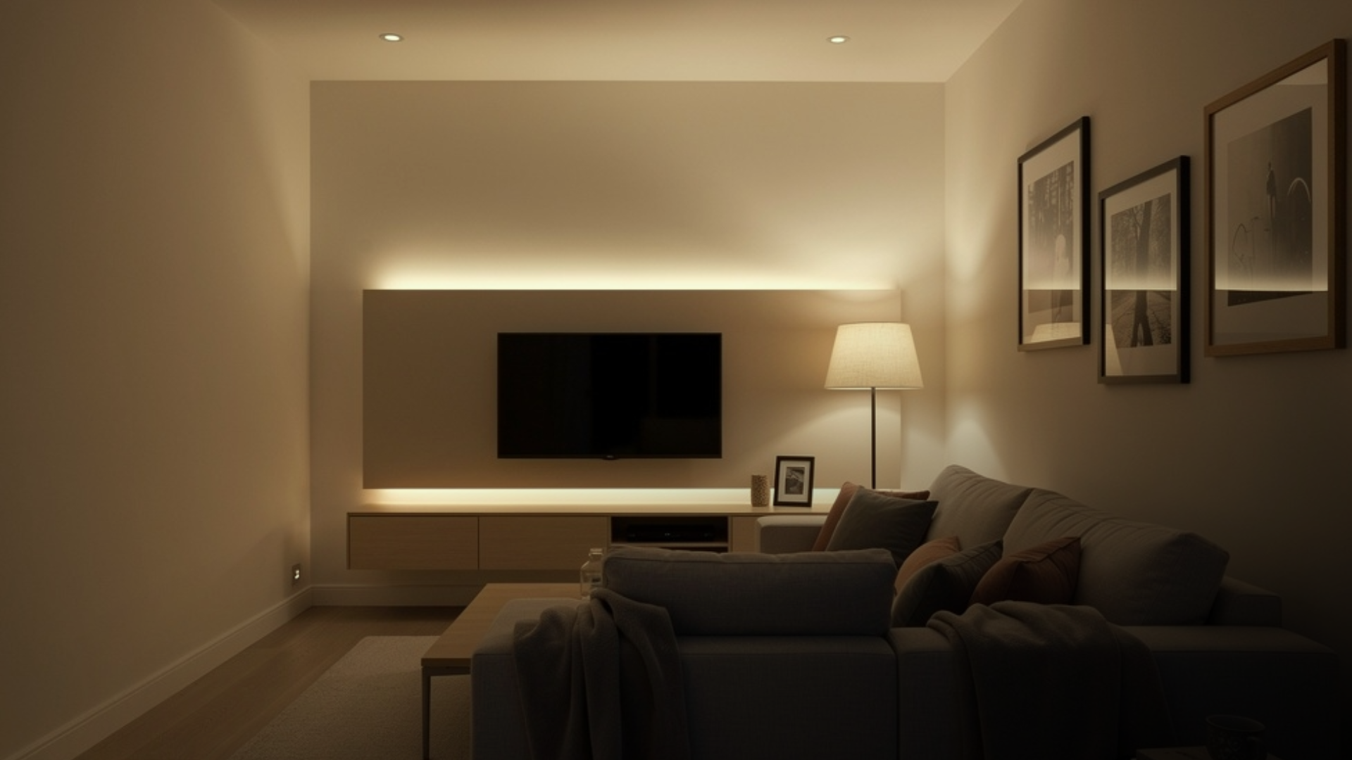 Sala pequena à noite com iluminação quente, abajur e fitas de LED criando clima aconchegante.