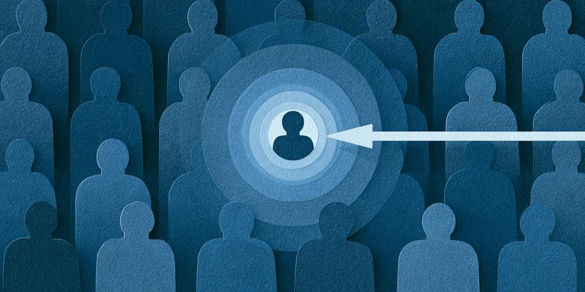 Illustration of a crowd of people with one individual highlighted in a target, representing a scammer singling out a specific person for a targeted attack.