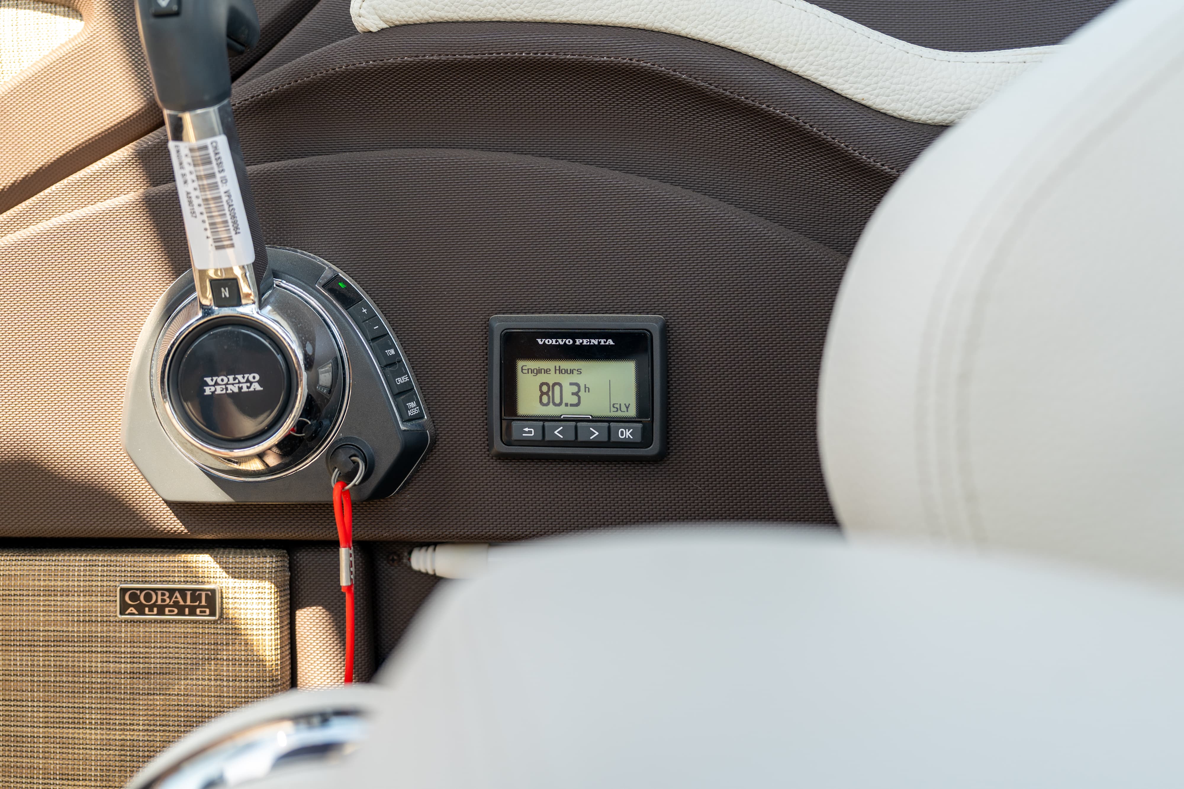 Engine controls in a 2018 Cobalt R7 Surf boat in Lakeway, TX.