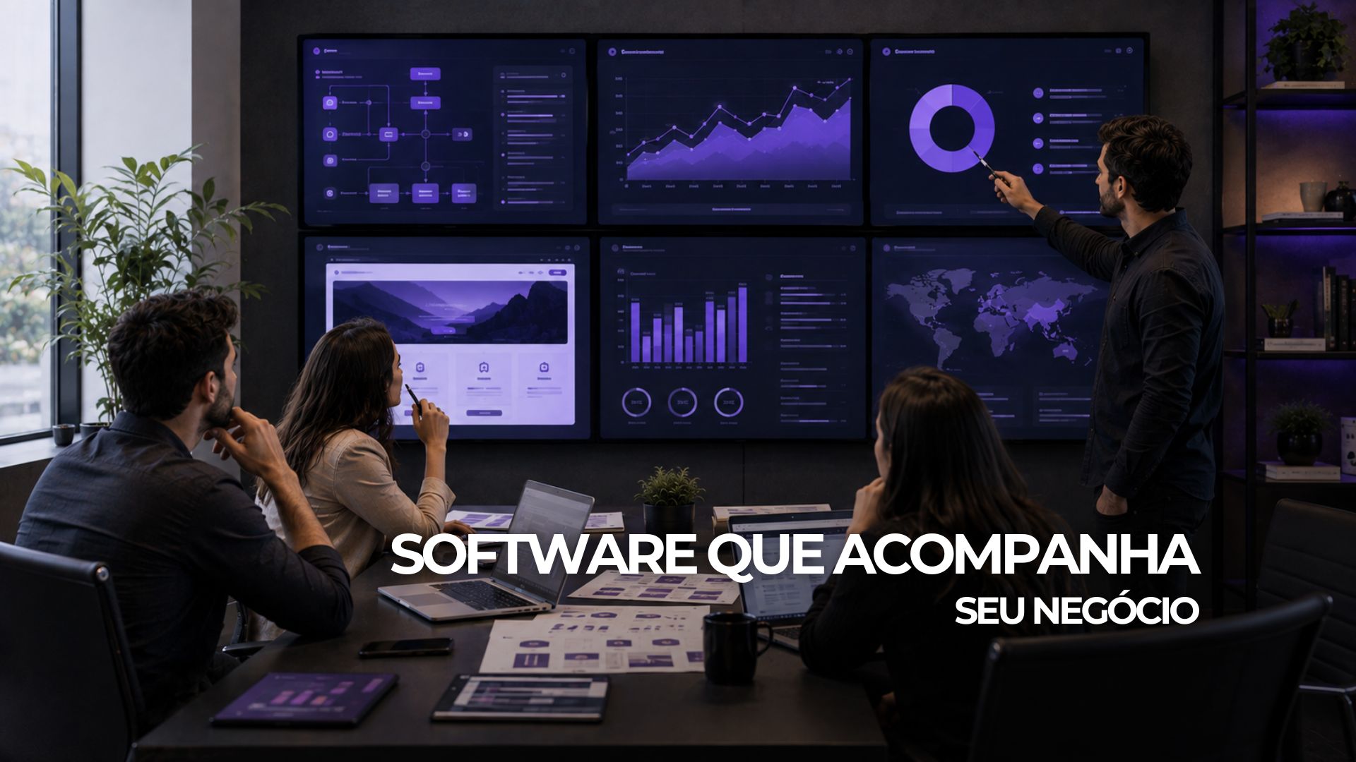 Equipe conecta software sob medida, site e dados de marketing em uma reunião técnica.