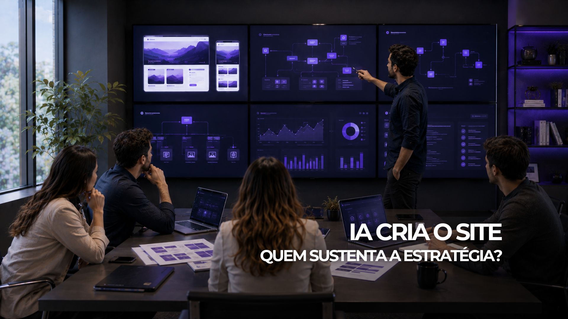 Equipe planeja a evolução de um site criado com apoio de IA, analisando estrutura, SEO e indicadores em telas.