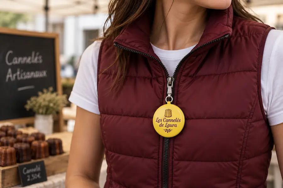 Badge avec tirette zip personnalisé, rond 25 mm, accroché à un sac à dos – 123Imprim