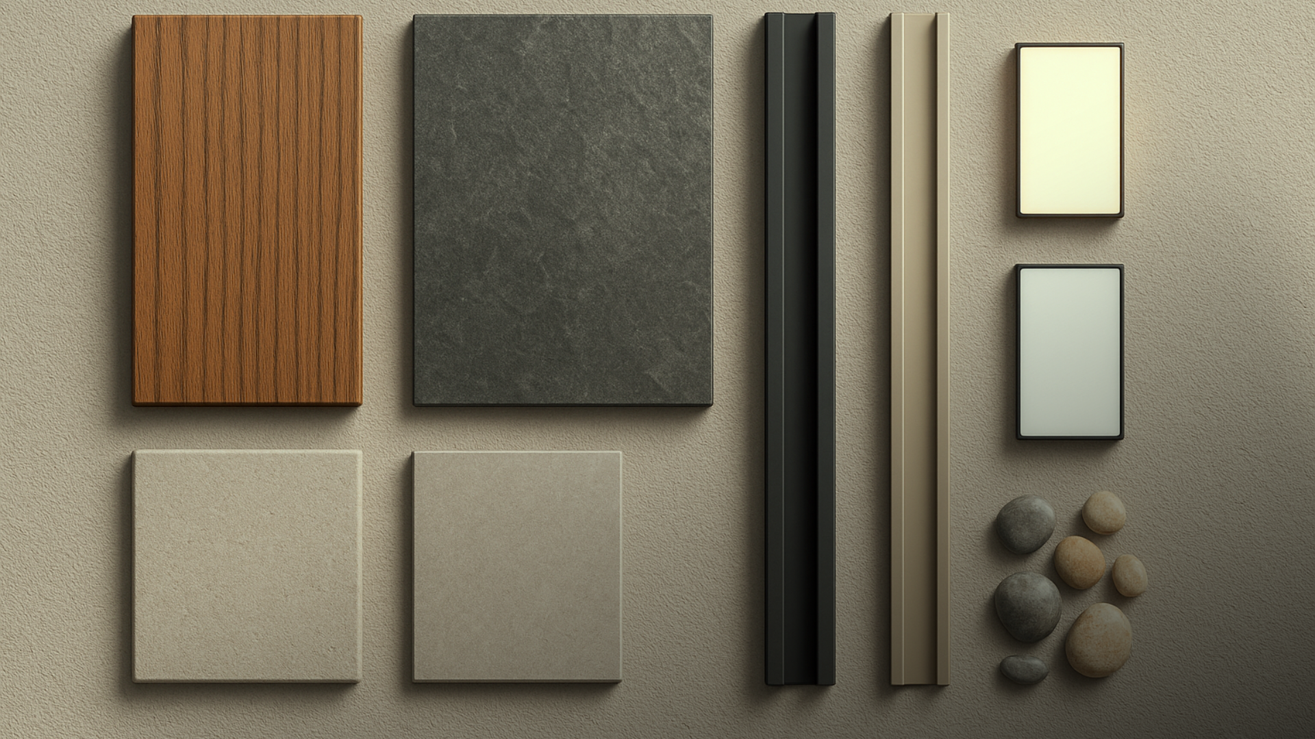 Prancha de materiais com cinza quente, ripado marrom, pedra tipo ardósia/basalto, perfis metálicos grafite e champagne e indicação de luz quente/neutra.