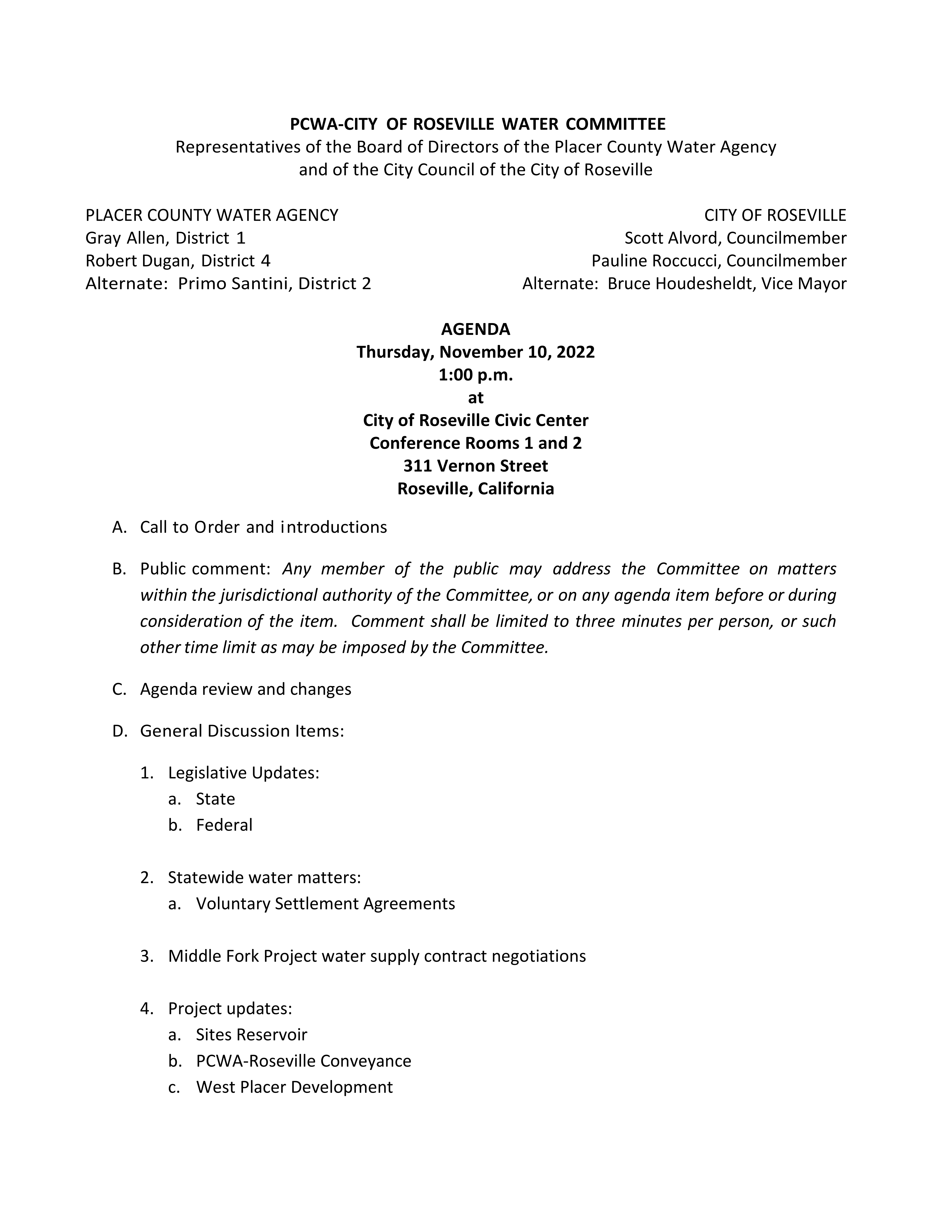 Board Agendas document image for 2022-11-10-PCWA-City-of-Roseville-Water-Committee - page 1/1