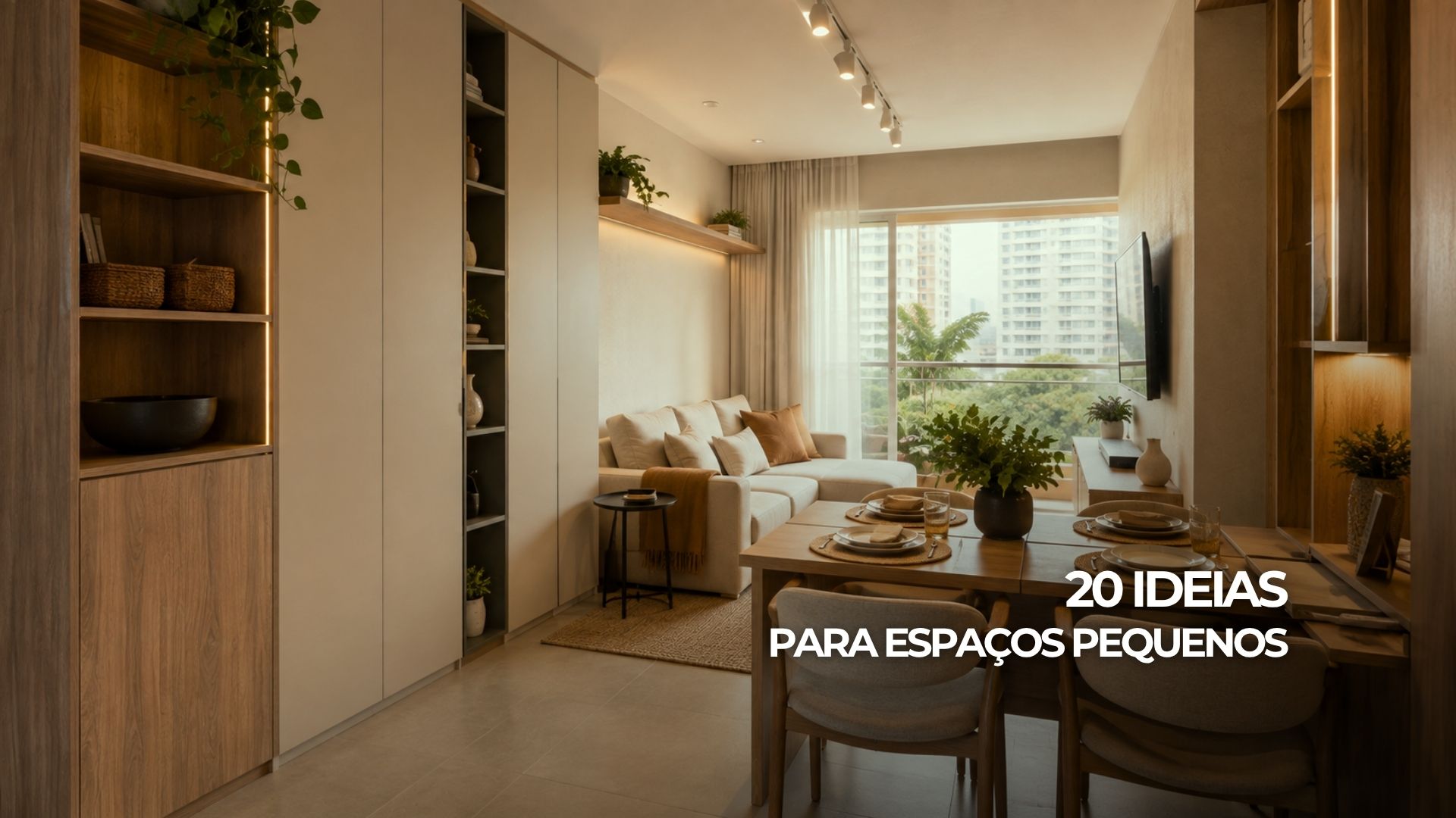 Apartamento pequeno com marcenaria vertical e móveis multifuncionais.