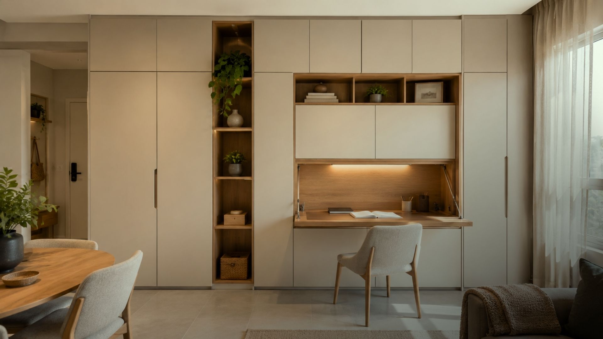 Apartamento pequeno integrado com móveis proporcionais e armazenamento vertical.