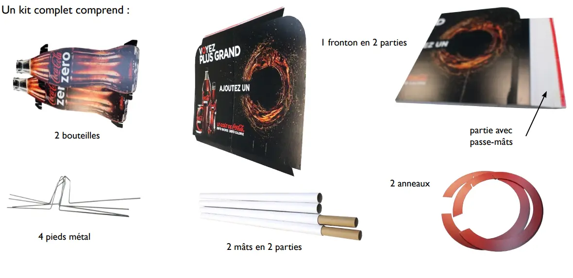 Kit complet PLV mât Coca-Cola : fronton 2 parties avec passe-mâts, 2 mâts (2 tronçons), 4 pieds métal, 2 anneaux, 2 silhouettes bouteille