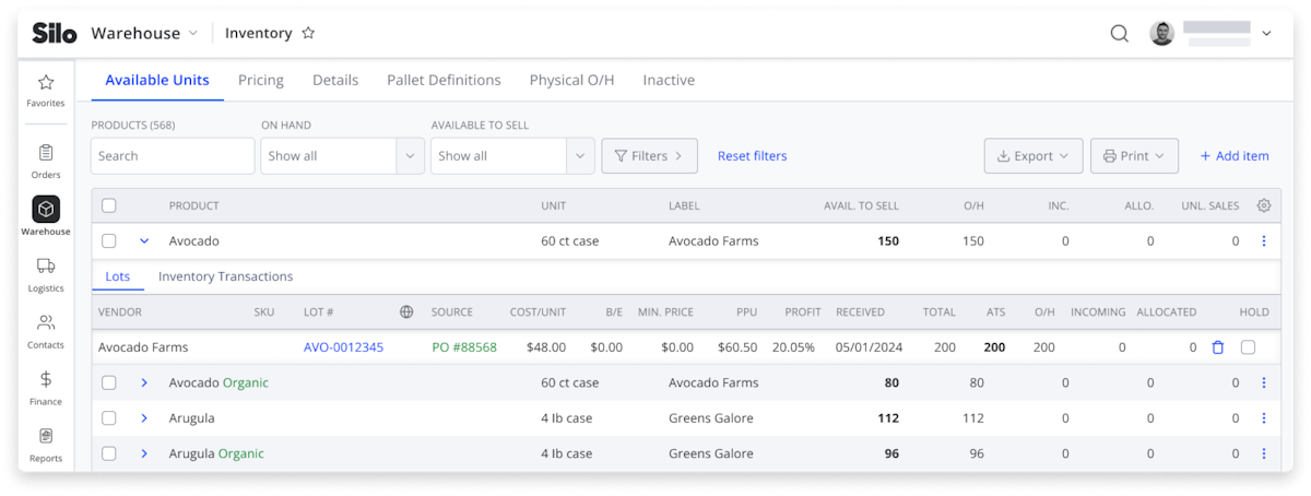 Screenshot of inventory management in Silo's software