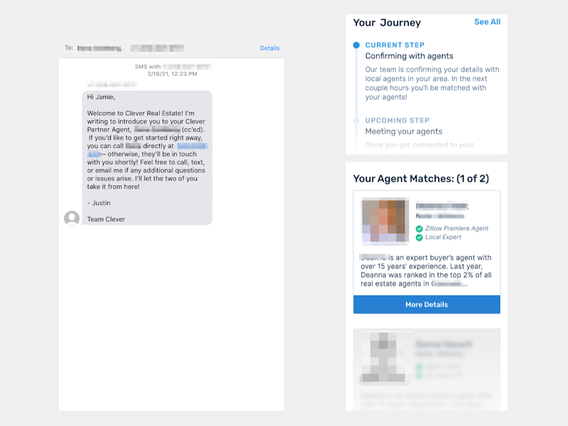 Screenshots of my Clever agent matches delivered via text and my customer dashboard.