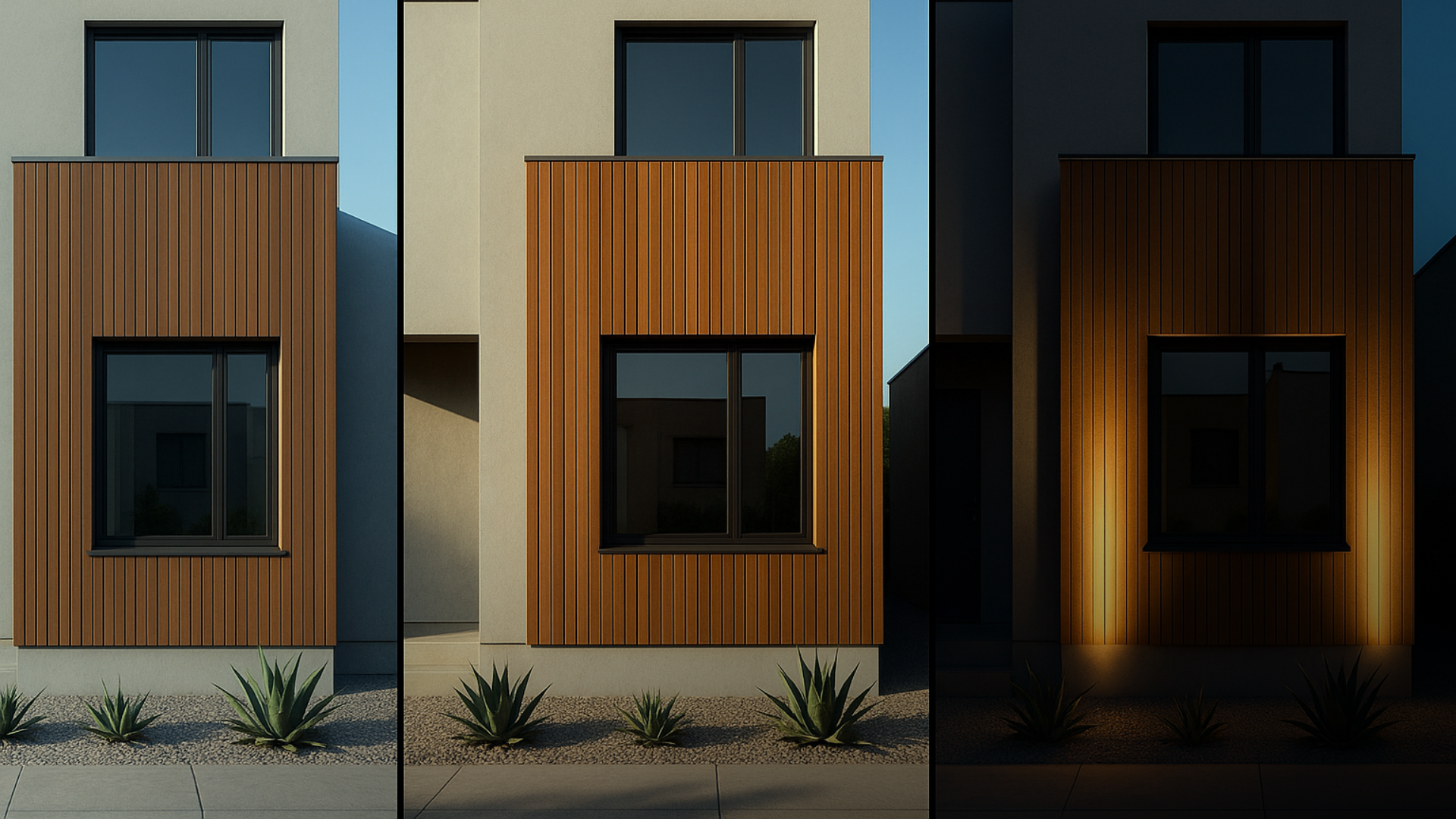 Fachada marrom e cinza mostrando manhã, 15h e à noite com luz quente nos ripados e neutra nos planos cinza.