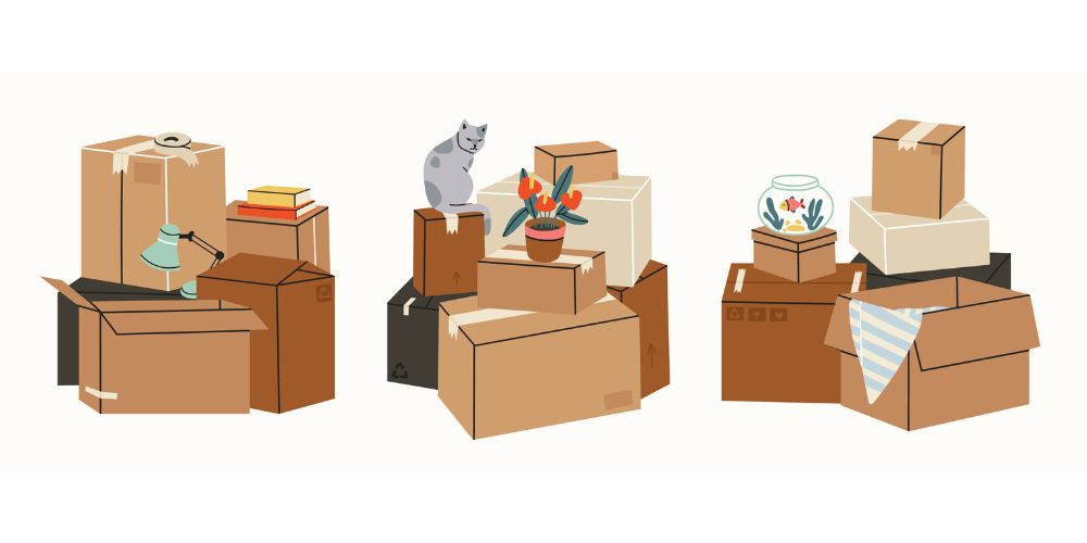 A pile of the best moving boxes with a cat, a fishbowl, and a lamp on top of them.