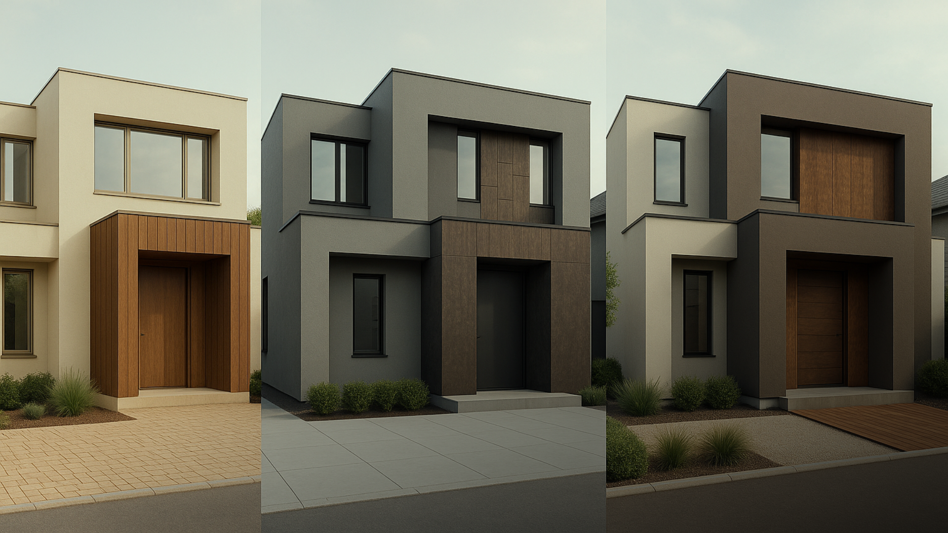 Três variações de fachada — base bege com champagne, base cinza com pedra marrom e base cinza quente com volume marrom — lado a lado, mesma casa.