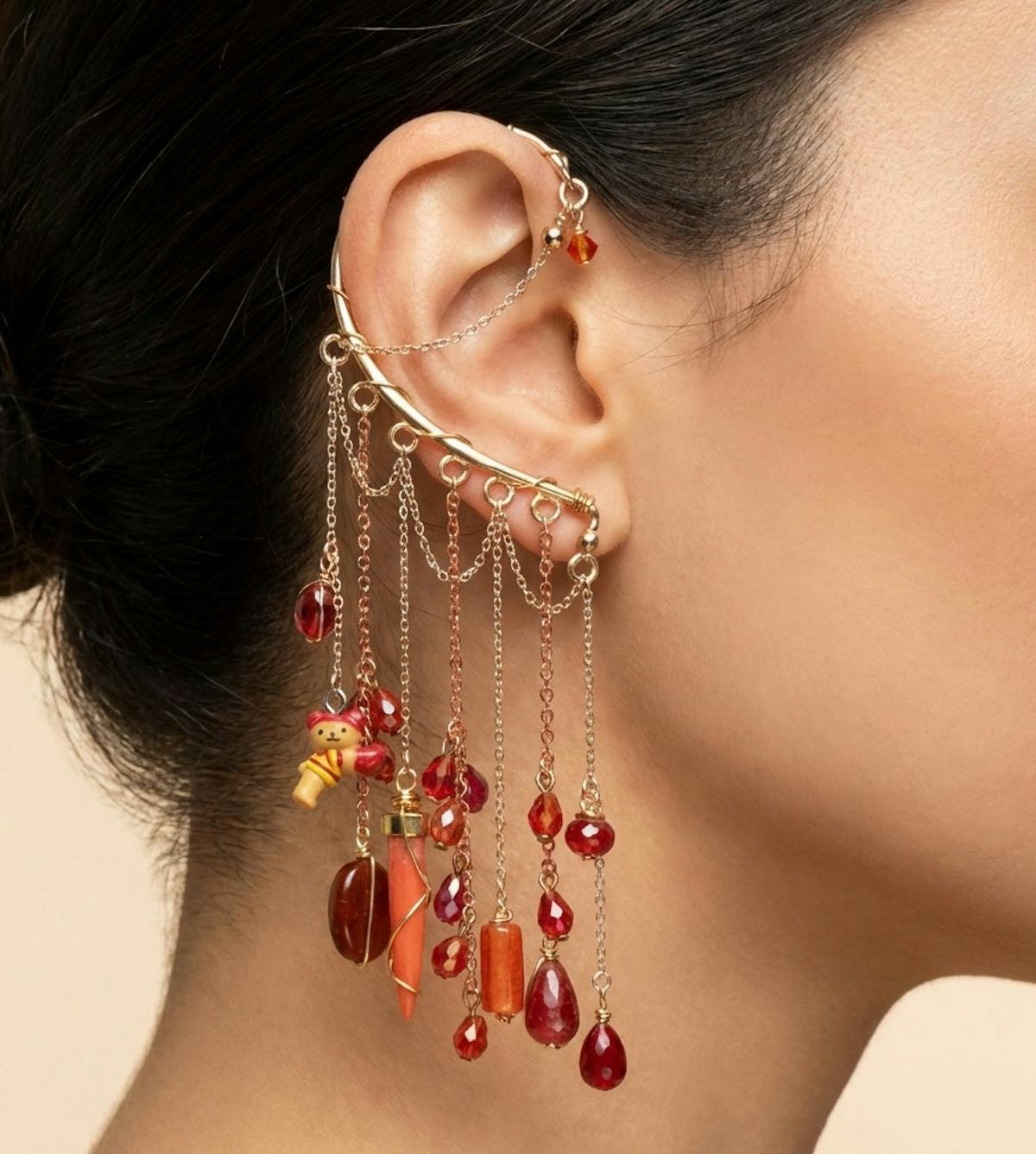 Rose Gold Dangle Ear Cuff No Piercing Teddy Bear Ear Wrap with Long Beaded Chains and Ruby Charms, Non-Pierced Single Earring Jewelry Gift for her