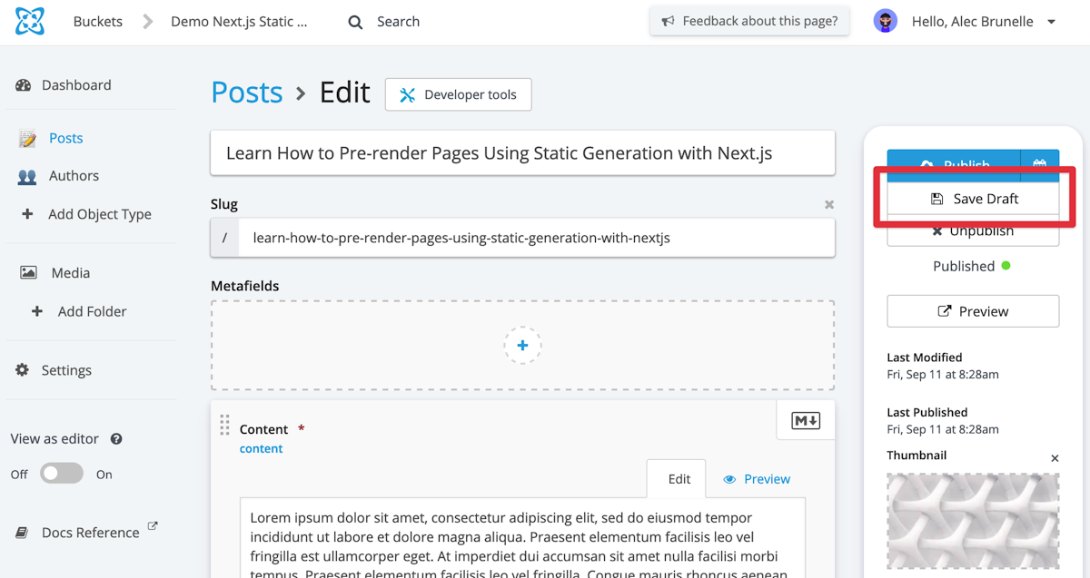 Screenshot of the Cosmic CMS Post data type editing page with Save Draft button highlighted