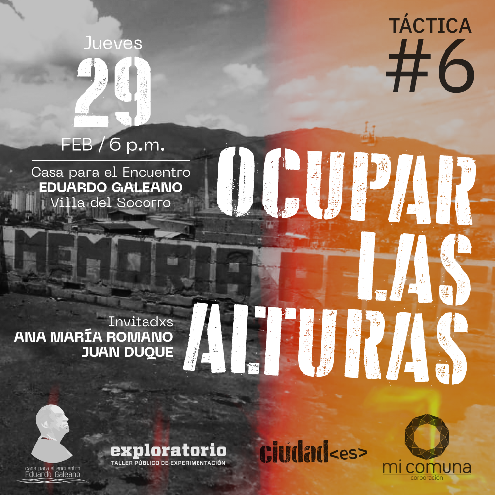 Fotografía. Desde una terraza se ve en blanco y negro y con un color naranja de rollo fotográfico velado el paisaje nororiental de Medellín: edificios pequeños y altos residenciales, el metrocable, la cadena montañosa que encierra el Área Metropolitana y las nubes que transitan el día que tomaron la fotografía. Sobre la fotografía hay un texto que dice: "Concierto OCUPAR LAS TERRAZAS. Artistas invitados: Ana María Romano y Juan Duque. Jueves 29 de febrero a las seis de la tarde en la Casa Para el Encuentro Eduardo Galeano, en el barrio Villa del Socorro".