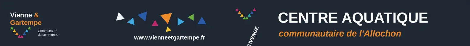 Vue d'ensemble du bandeau dibond : logo Vienne & Gartempe, triangles multicolores, mention CENTRE AQUATIQUE communautaire de l'Allochon