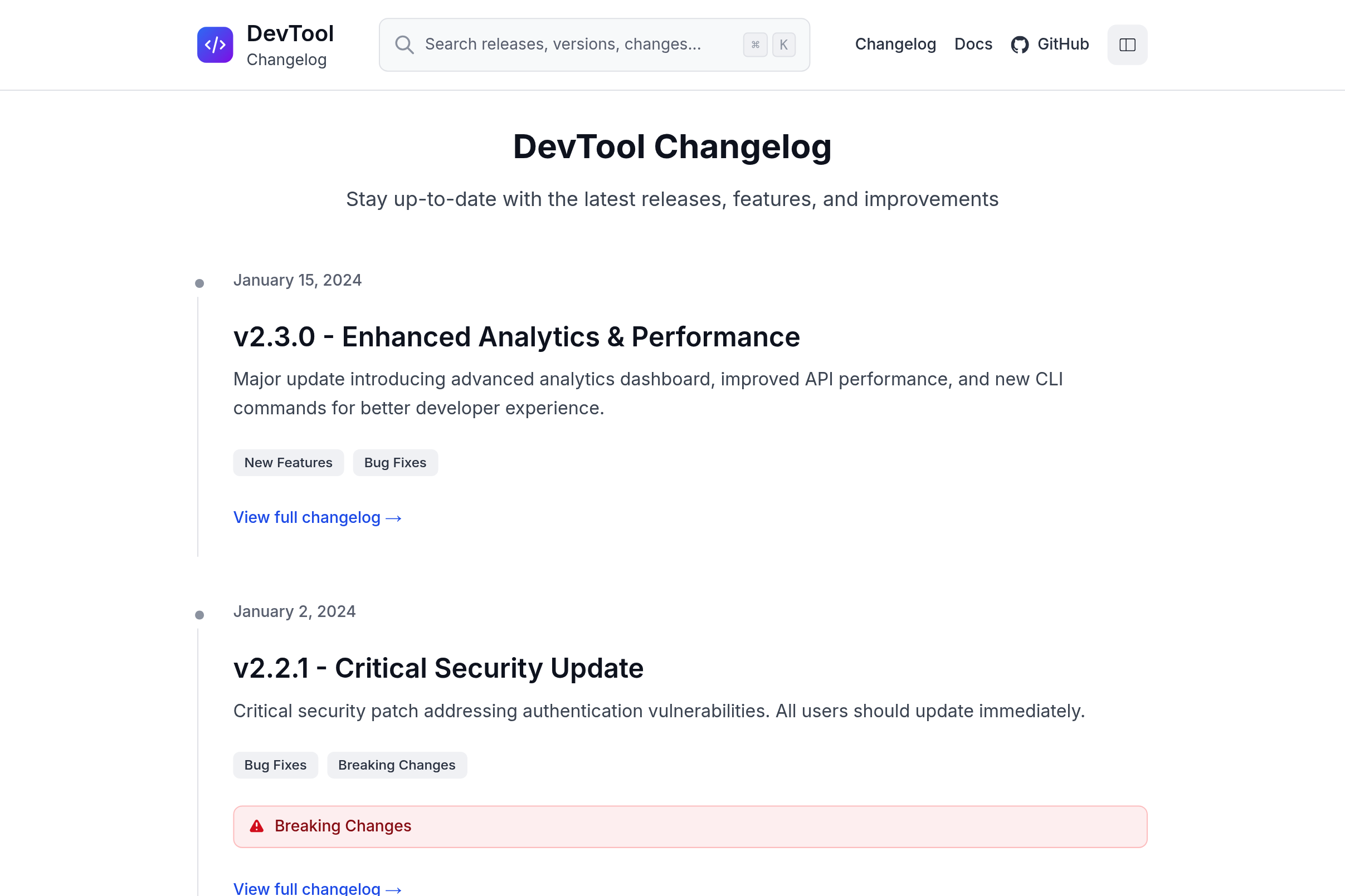 Screenshot of Changelog