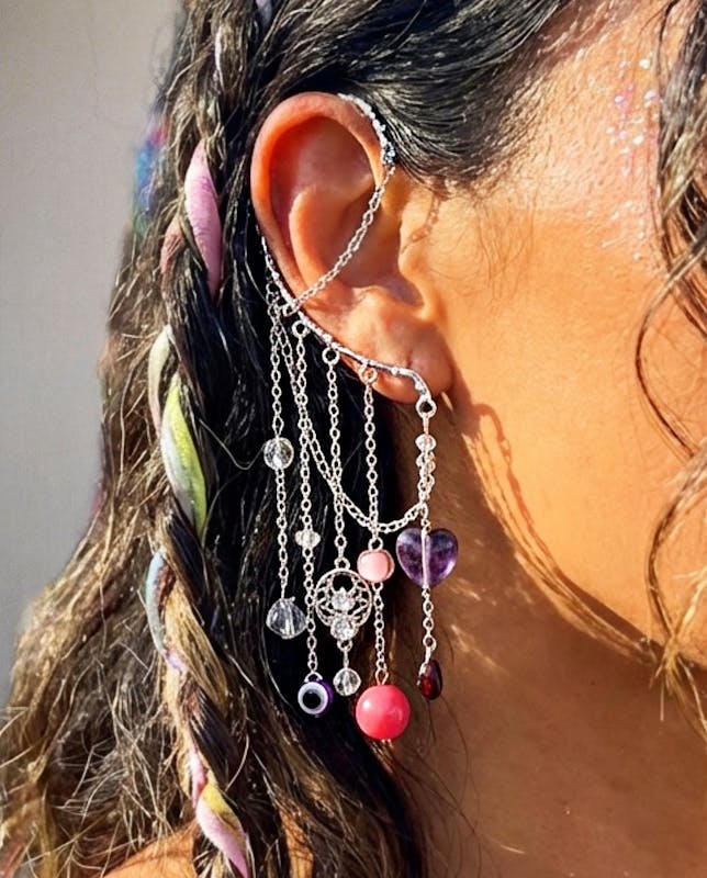 Silver Chain Ear Cuff, No Piercing Pink and Purple Charm Dangle Ear Wrap