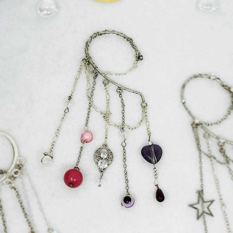 Silver Chain Ear Cuff, No Piercing Pink and Purple Charm Dangle Ear Wrap - alternate view