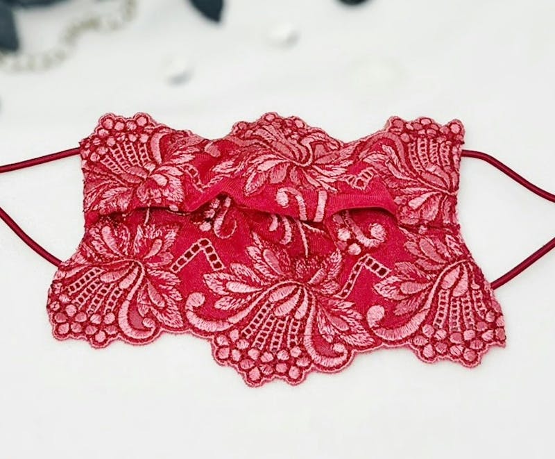 Red Floral Lace mouth mask, face veil covering - alternate view