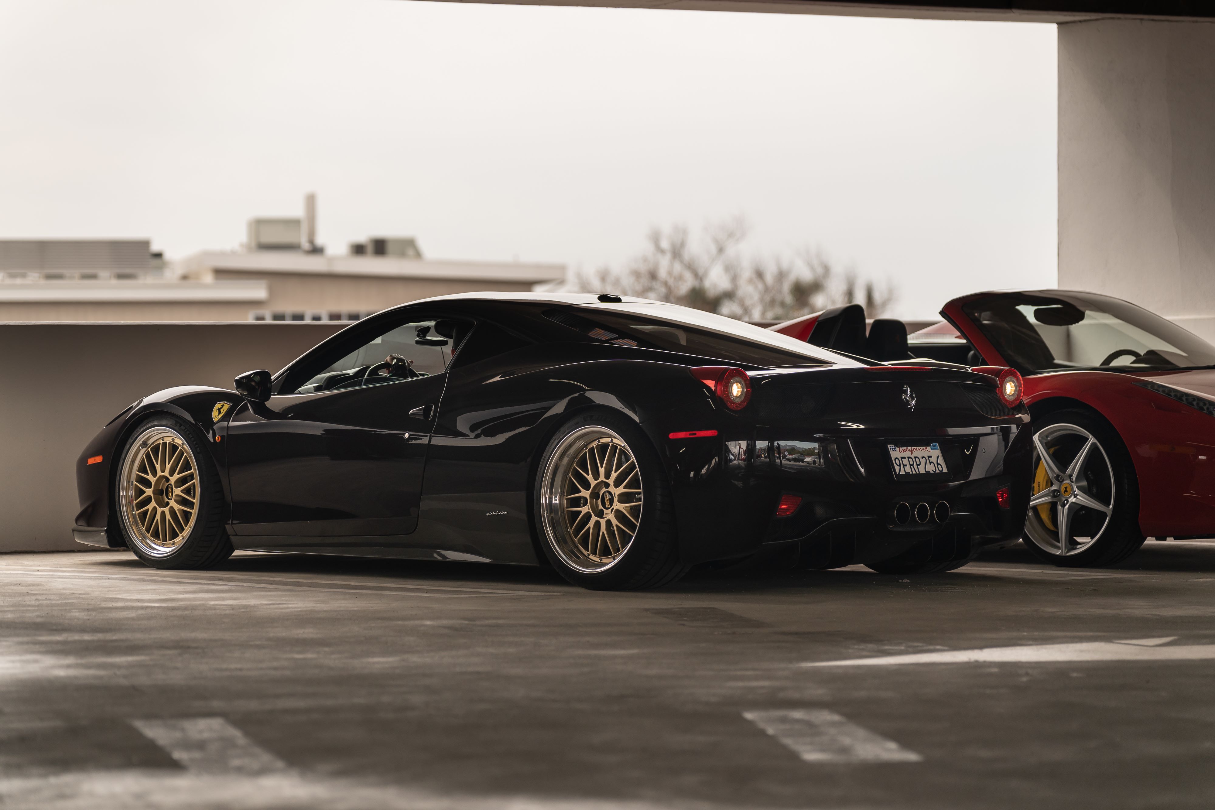 Black Ferrari 458 getting ready to leave the Petersen Museum meetup.