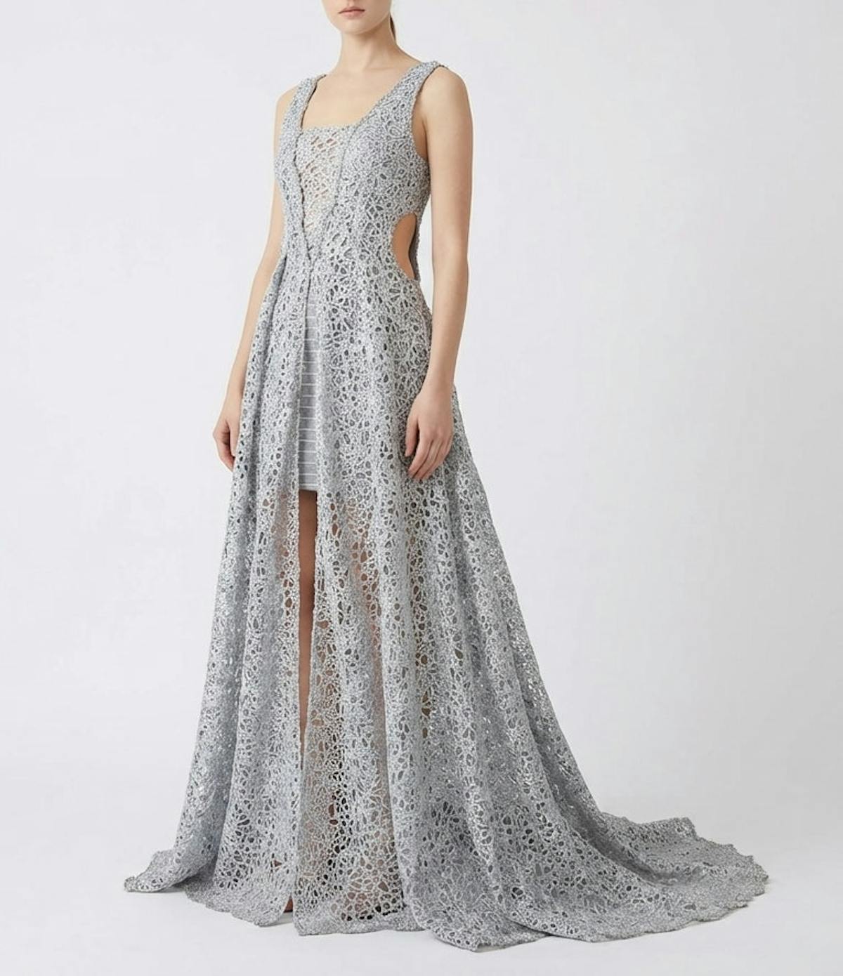 silver lace maxi gown upcycled sleeveless cutouts