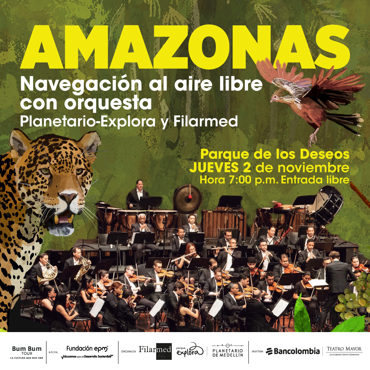 Foto intervenida con ilustración. Sobre un fondo verde, en el centro, una orquesta filarmónica. A la izquierda, un jaguar ilustrado. Arriba un texto dice: “Amazonas. Navegación al aire libre con orquesta. Planetario-Explora y Filarmed”. Debajo y a la derecha un texto dice: “Jueves 2 de noviembre a las dos de la tarde. Entrada libre”.