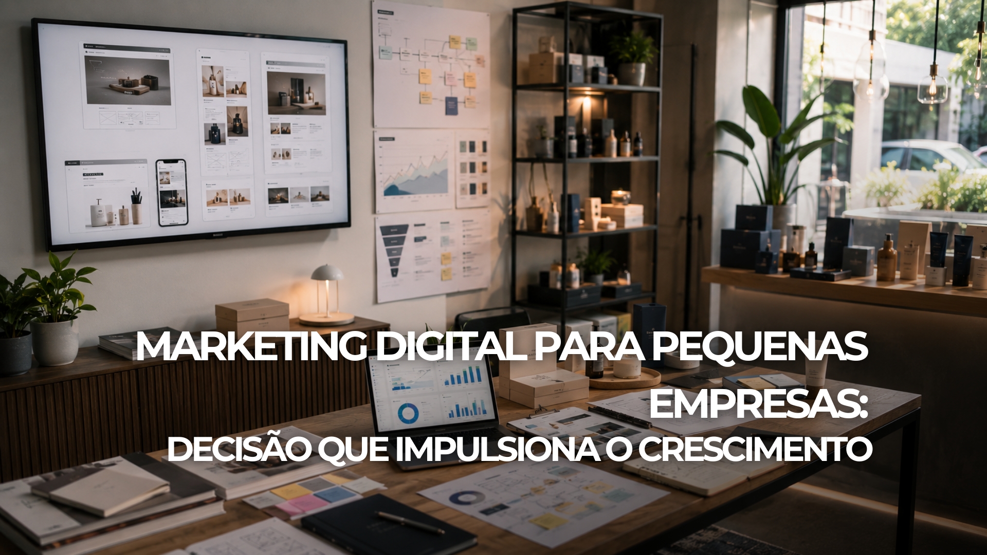 Banner sobre marketing digital para pequenas empresas com presença online, SEO, site profissional, campanhas pagas e crescimento digital