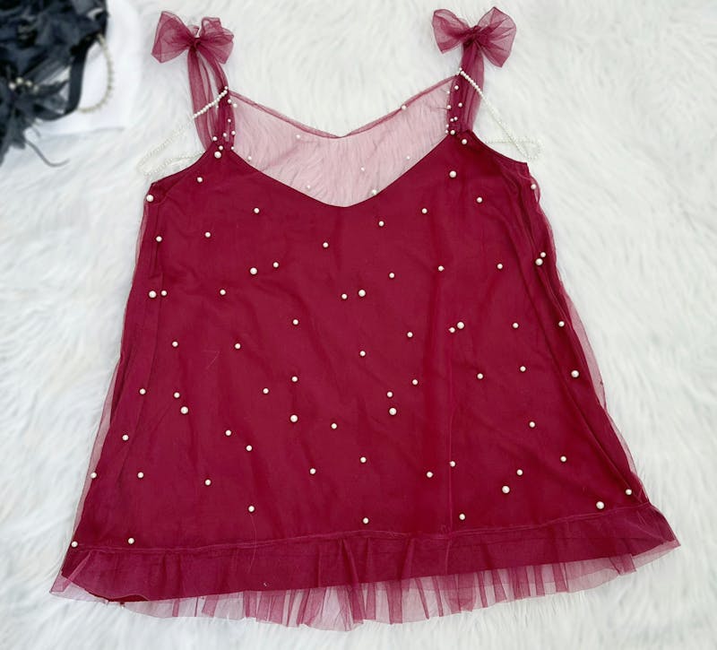 Wine Mesh Babydoll with pearls