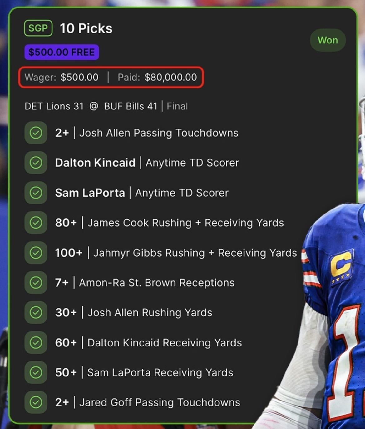 TNF same game player props parlay.