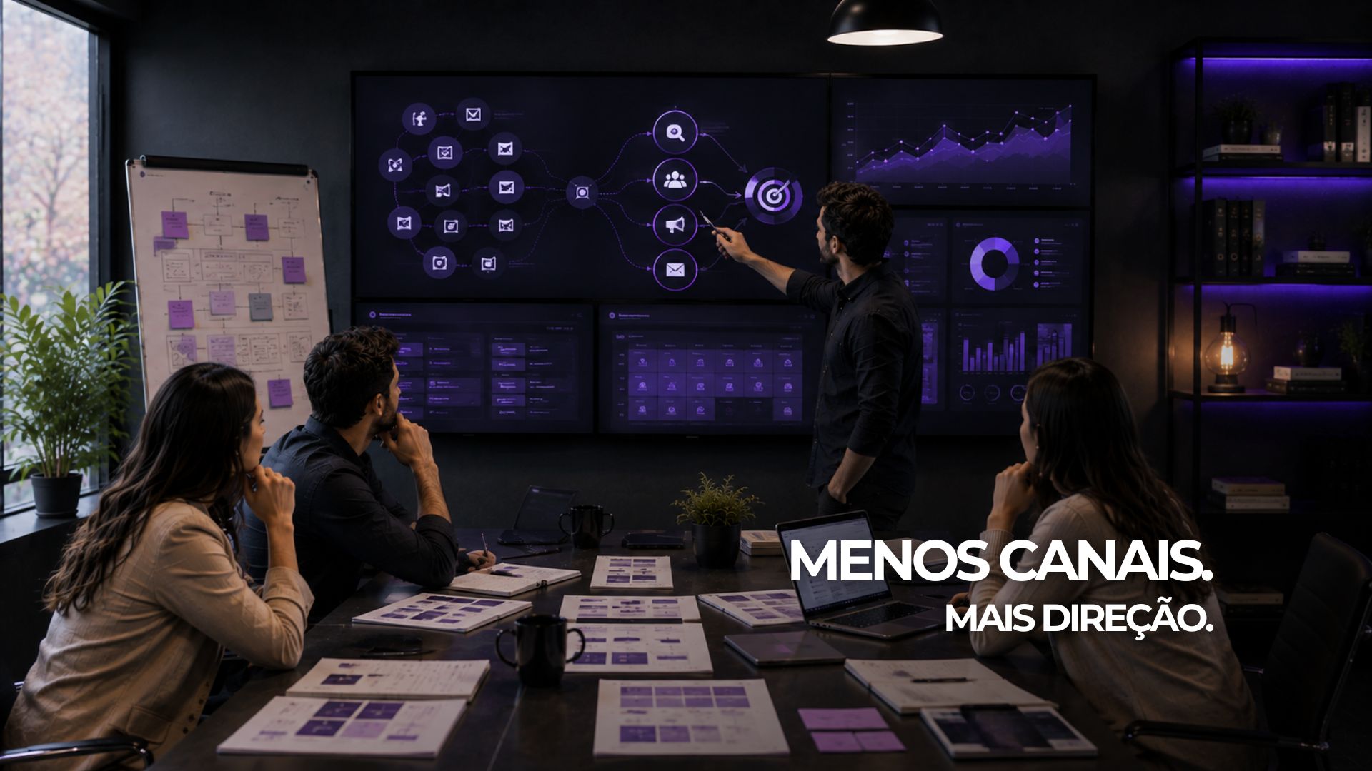 Equipe de pequena empresa seleciona canais prioritários em um planejamento de marketing digital com conteúdo e métricas.