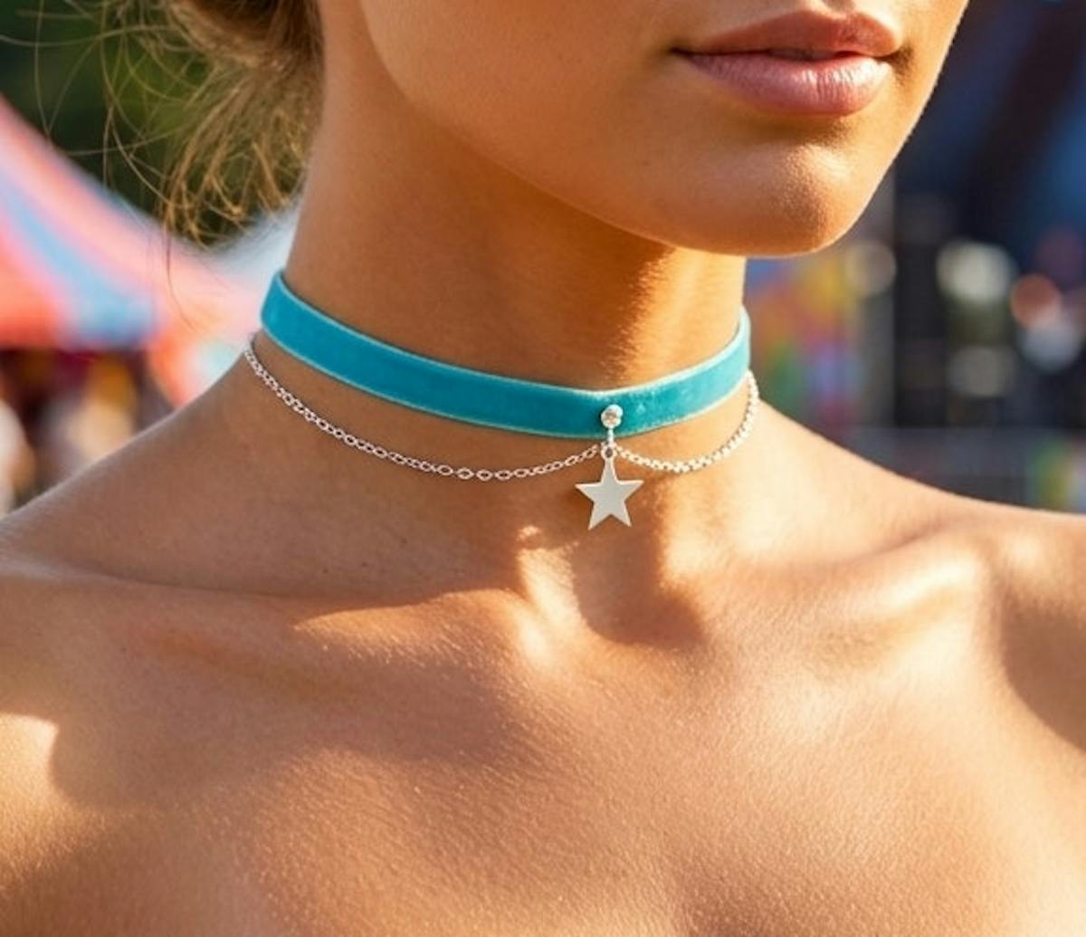 Add a dreamy touch of celestial magic to your look with this beautiful, thin blue velvet star choker necklace.