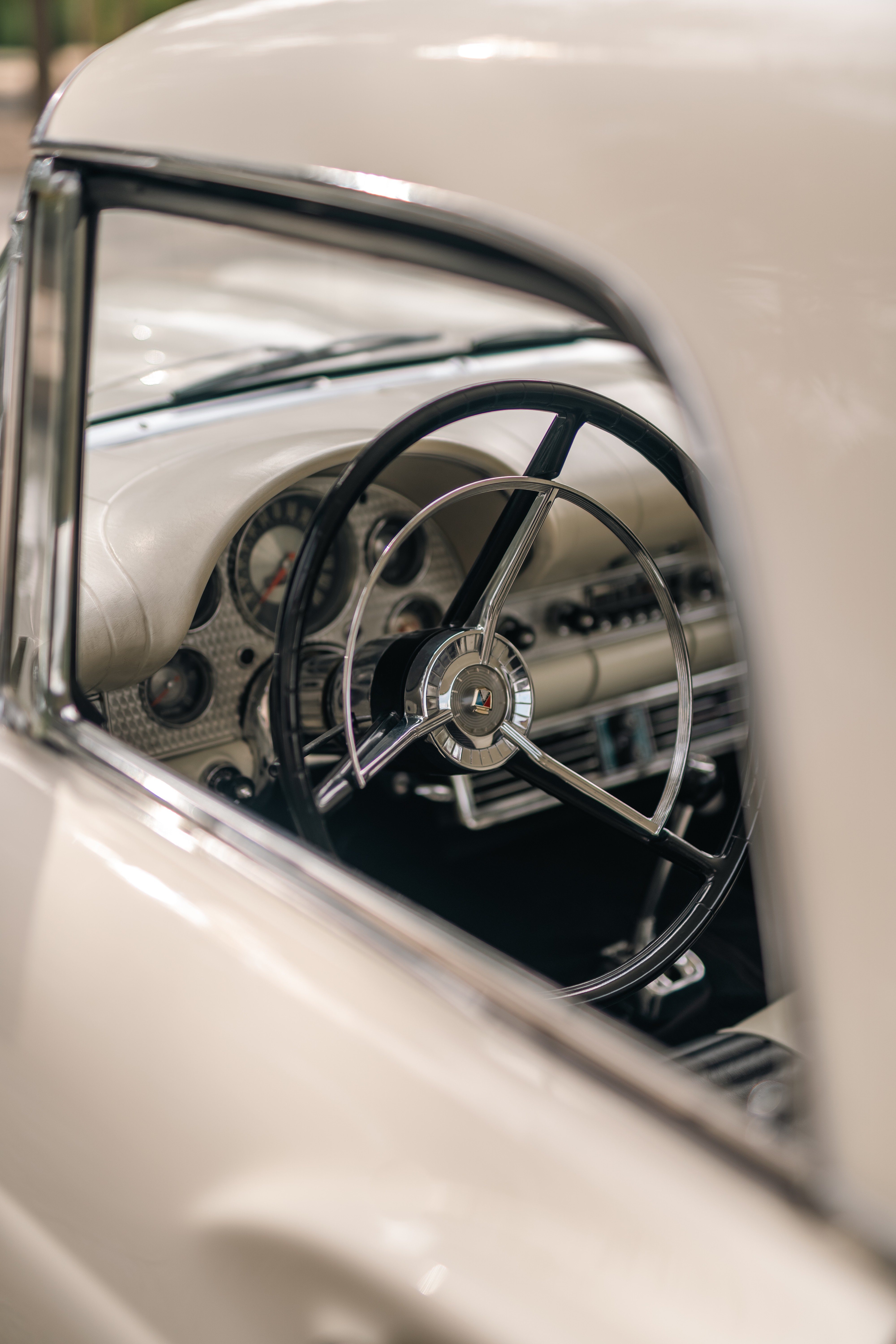 1957 Thunderbird interior in Colonial White shot in Austin, TX.