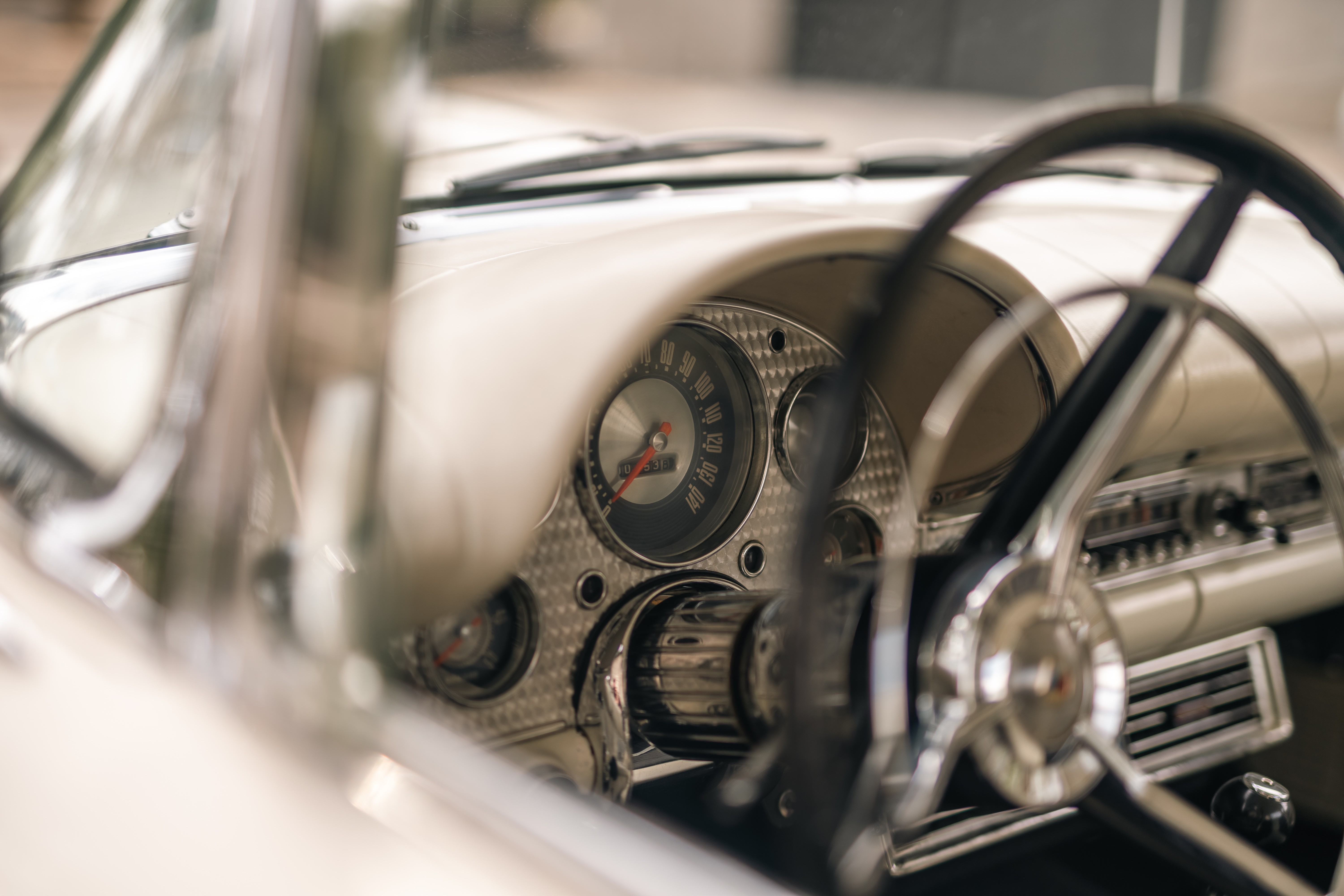 1957 Thunderbird interior in Colonial White shot in Austin, TX.