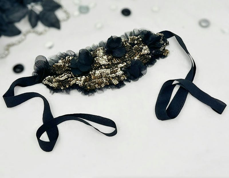 Gold and Black Sequins blindfold, adjustable eye mask - alternate view