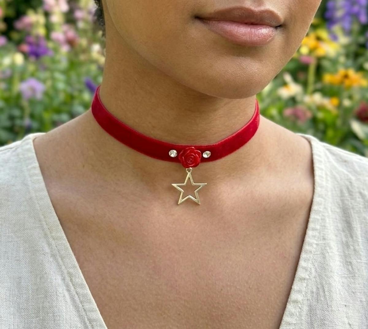 red rose thin velvet choker necklace with star charm and rhinestones