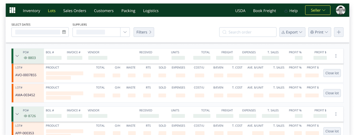 Screenshot of lot orders and inventory in Silo's software