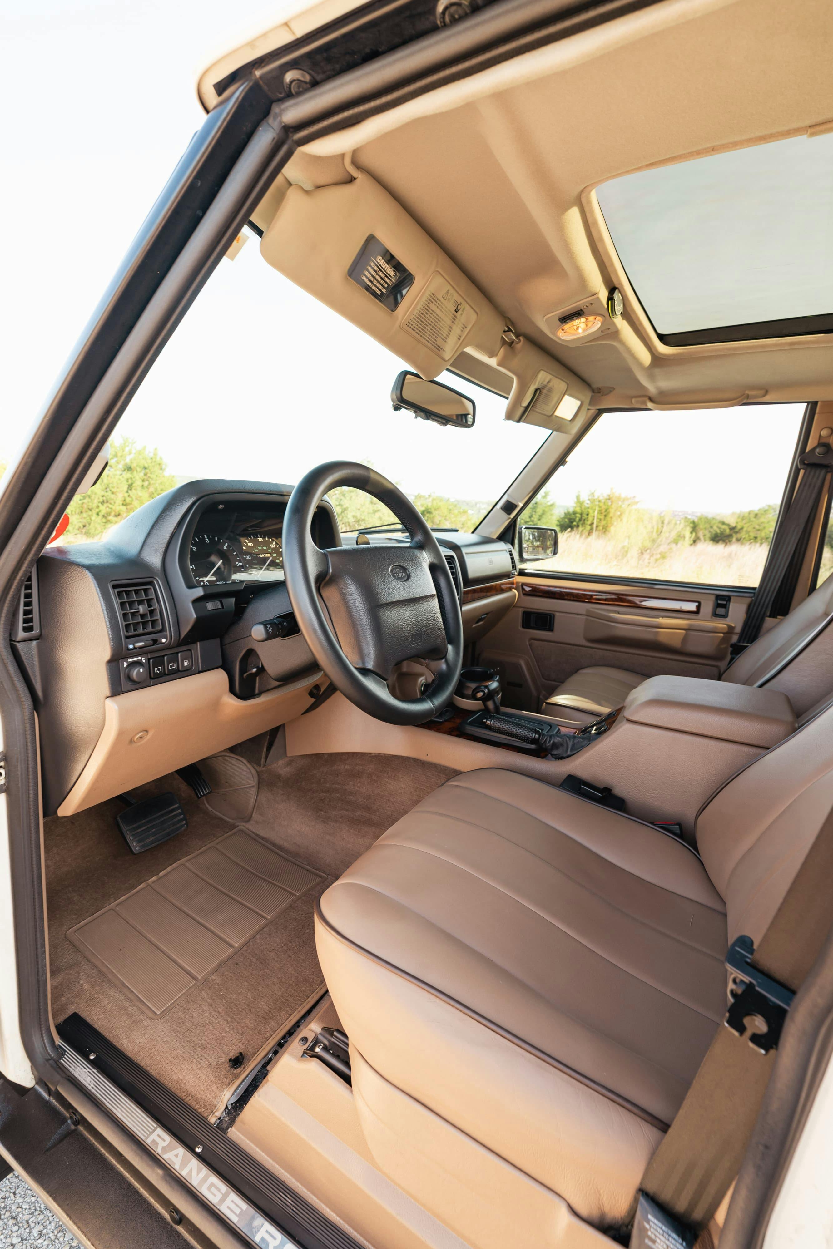 Interior of a 1995 White Land Rover Range Rover County Long Wheel Base in Austin, TX.