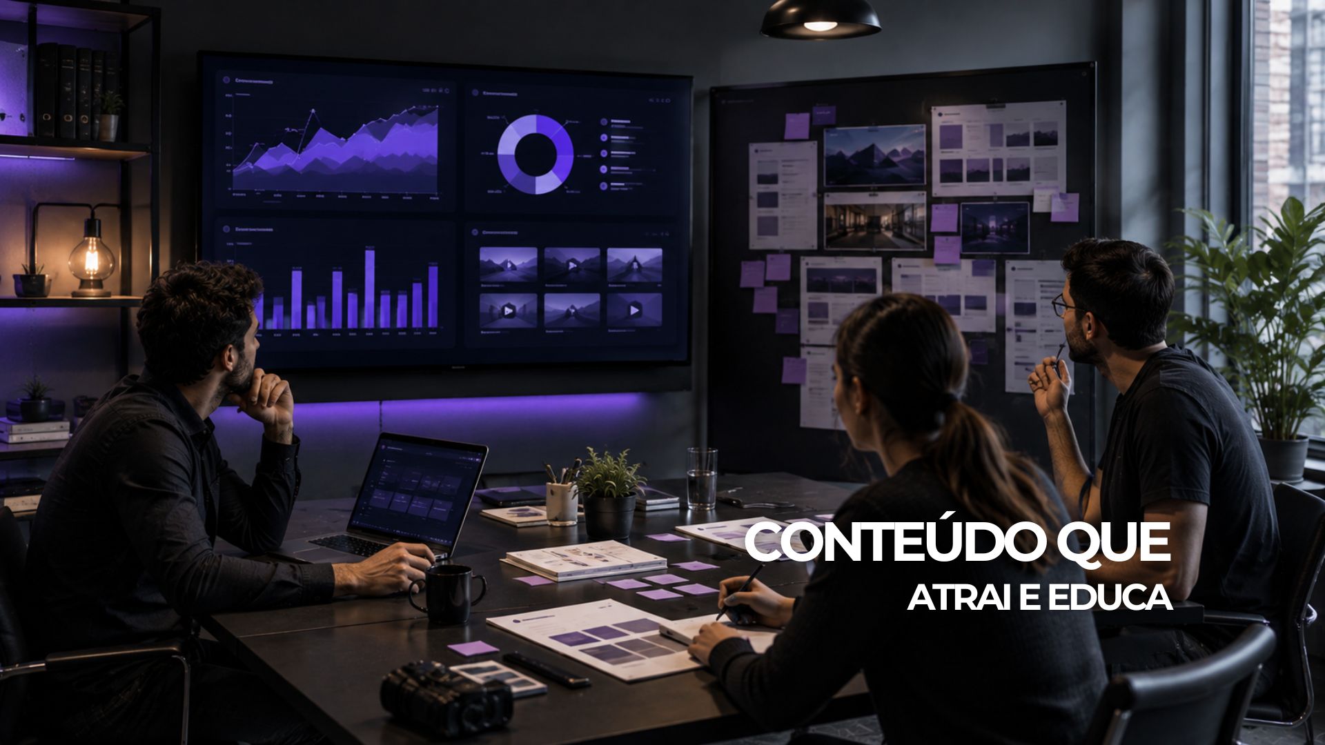 Estratégia de conteúdo conectando blog, vídeo e redes sociais a insights de público.