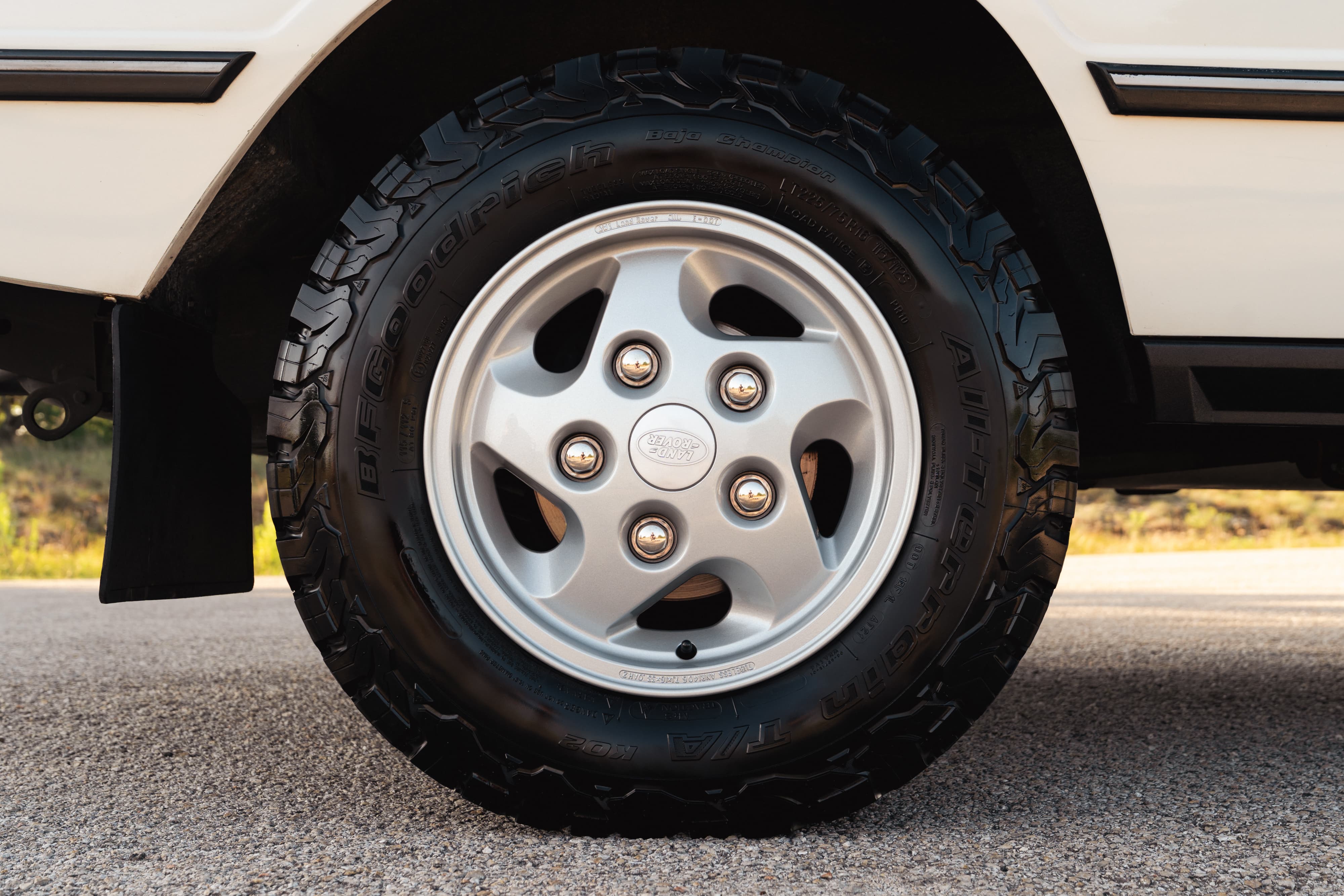 Wheels on a 1995 White Land Rover Range Rover County Long Wheel Base in Austin, TX.