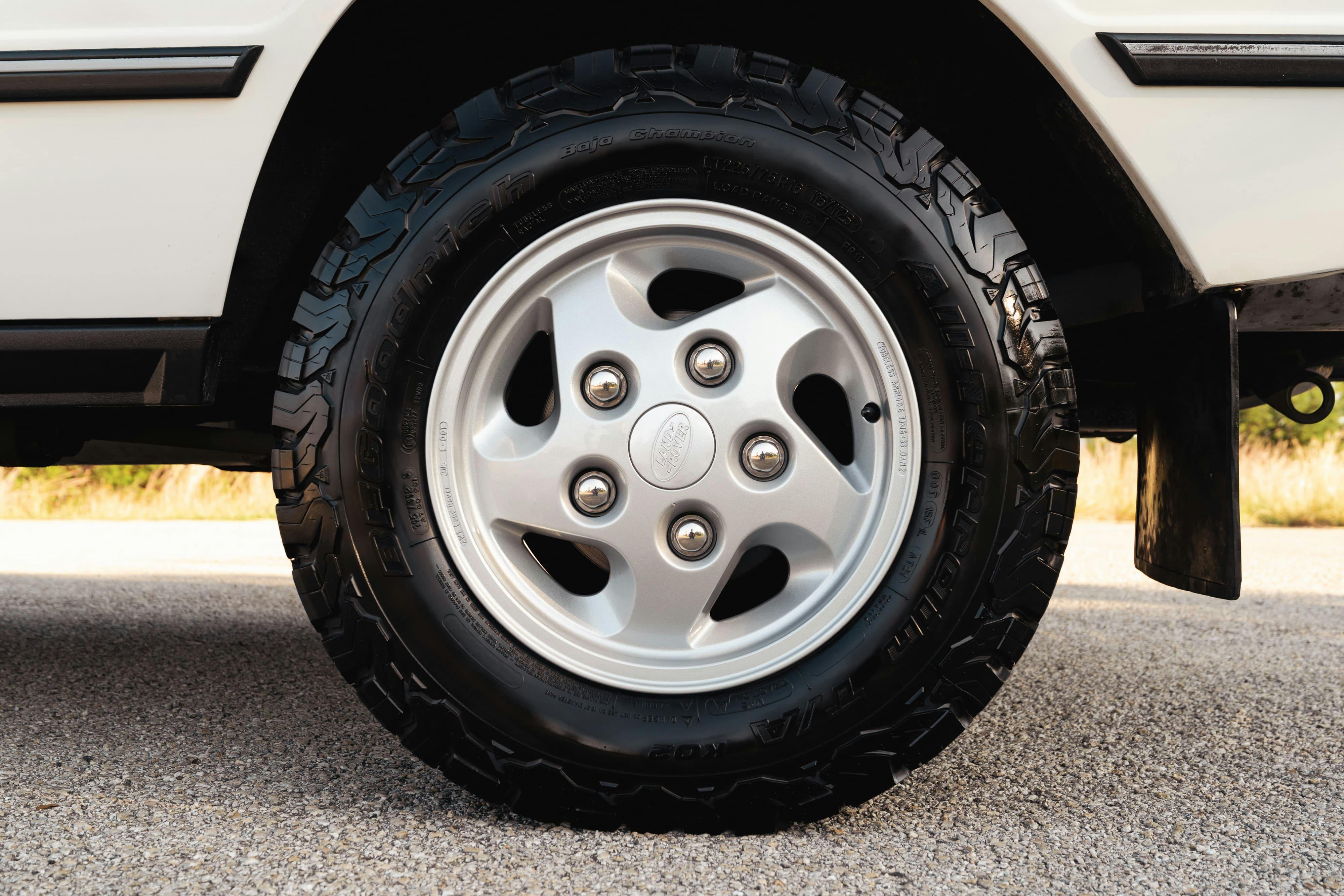 Wheels on a 1995 White Land Rover Range Rover County Long Wheel Base in Austin, TX.