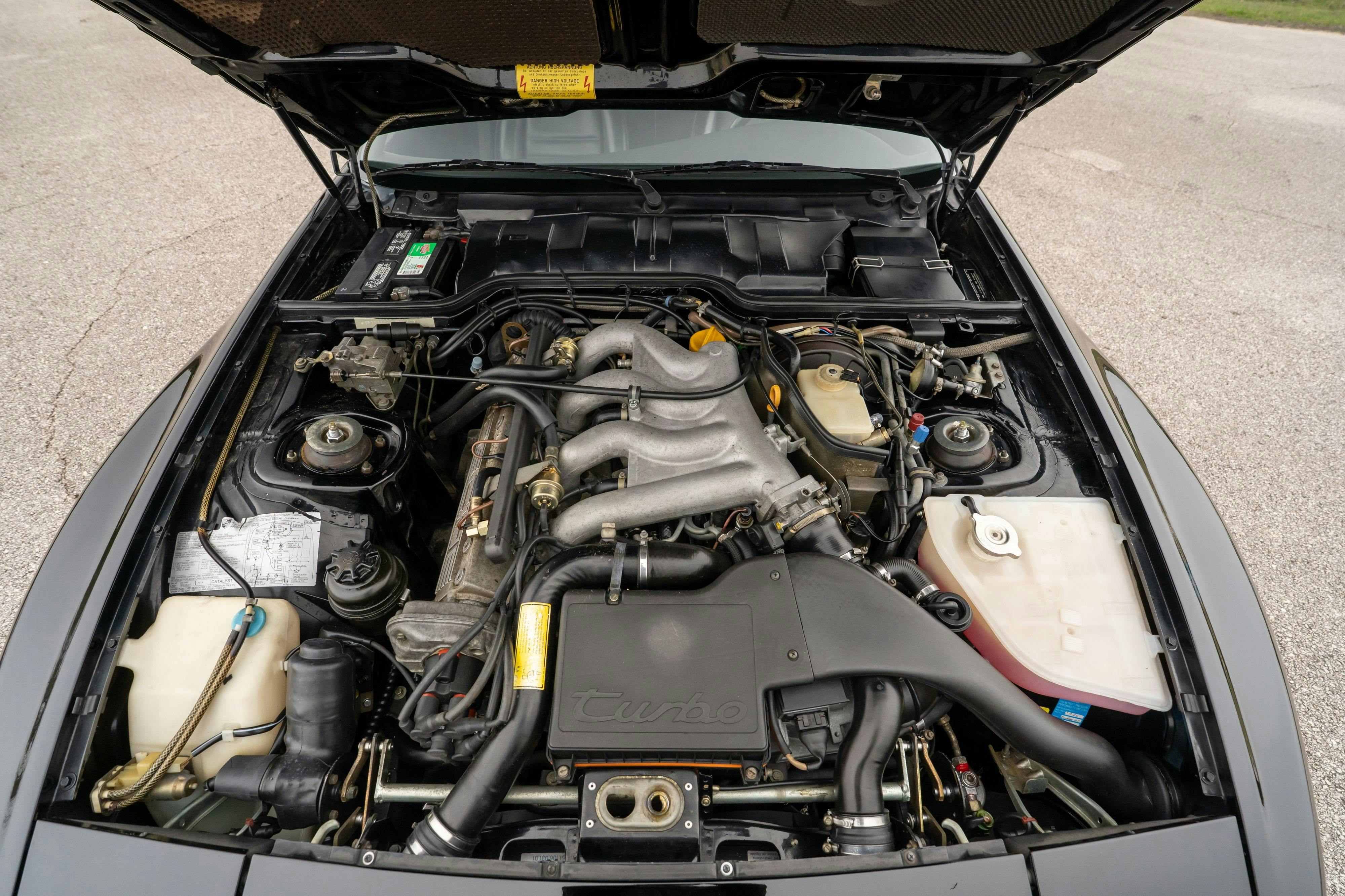 1986 Porsche 944 Turbo engine bay in Black on Black in Lakeway, TX.