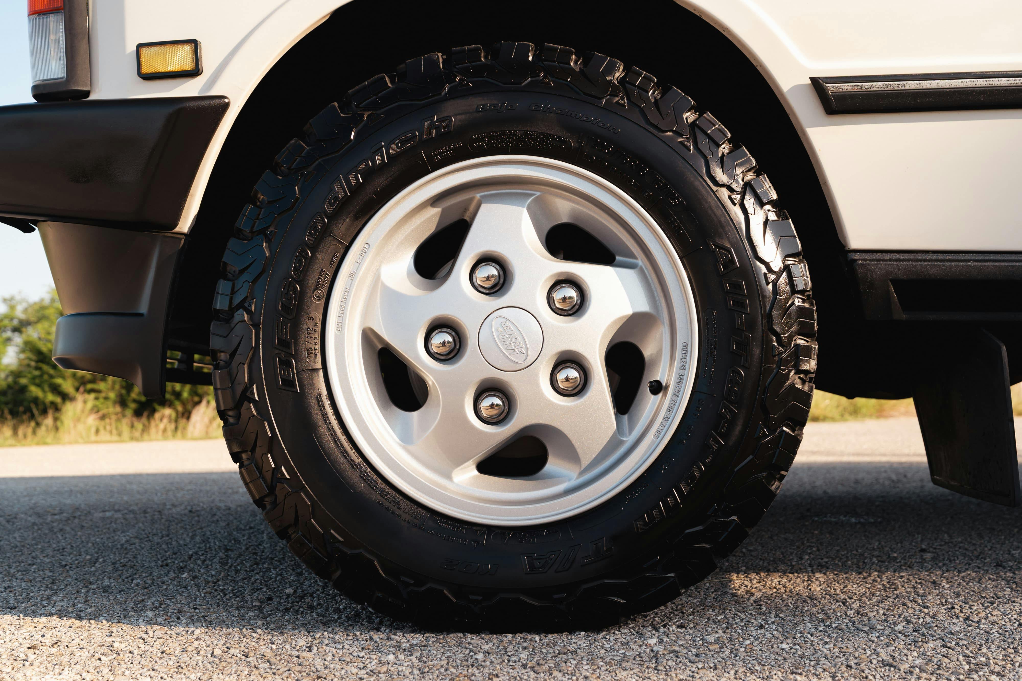 Wheels on a 1995 White Land Rover Range Rover County Long Wheel Base in Austin, TX.