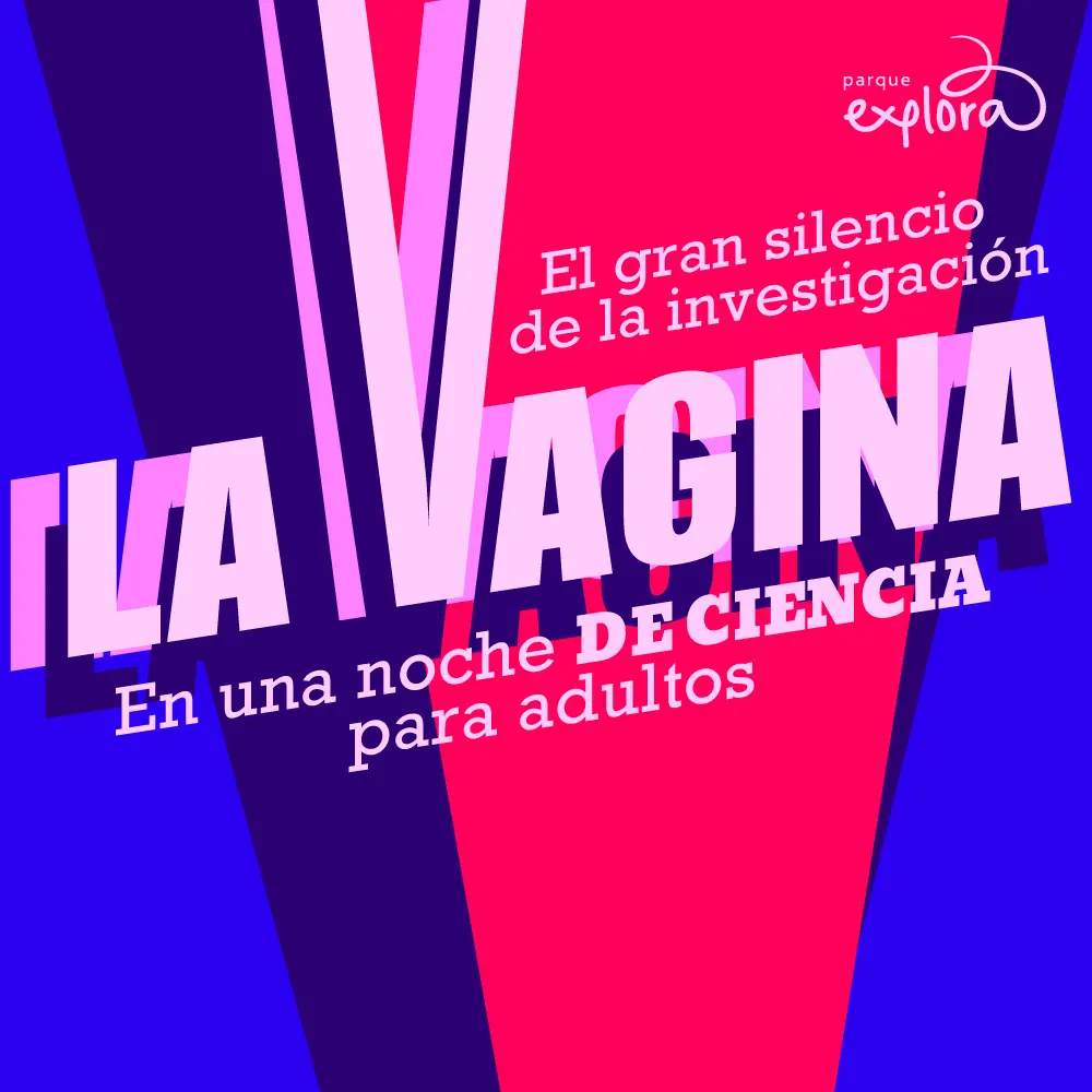 Ilustración con formas geométricas en tonos morados, azules y rosados. En el centro en gran tamaño: «La vagina». Encima: «El gran silencio de la investigación». Debajo: «En una noche de ciencia para adultos».