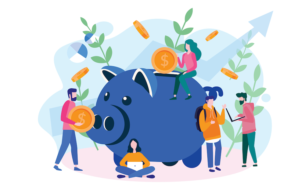 Flat illustration of people adding gold coins to a piggy bank