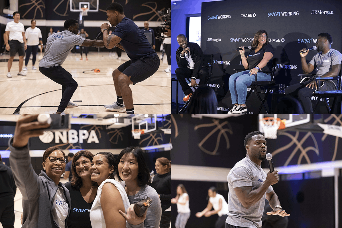 JP Morgan Chase hosted their “Sweatworking” event at the NBPA, which included a panel discussion featuring Kevin Hart, followed by an H.I.I.T class on court lead by Ron Boss Everline.